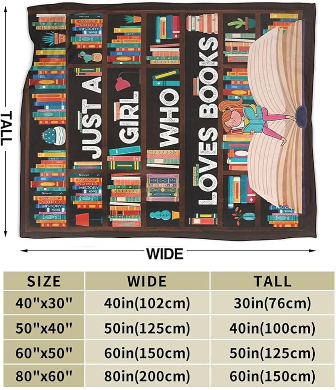 Books Blanket Reading Throw Blanket Just A Girls Who Loves Books Decor Stuff Merch Cozy Print Flannel Fleece Soft Plush Fuzzy Warm Lightweight Bedding Read Books Gifts for Women Kids 50"X40"