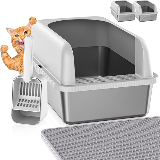 2 Pack Stainless Steel Cat Litter Box witn High Sides, Extra Large Litter Box with Lid, Metal Litter Box for Multiple Cats, Anti-Leakage,Non-Stick, Easy to Clean, Included Cat Litter Mat, Scoop