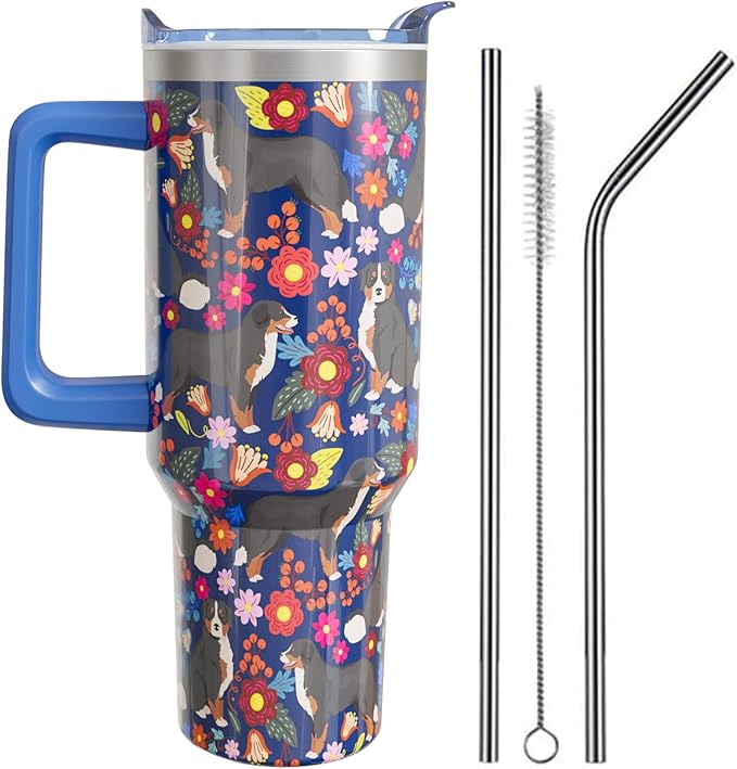 Bernese Mountain Dog Gifts for Women Lovers 40 oz Floral Bernese Mountain Tumblers with Handle and Straw, Stainless Steel Vacuum Insulated Travel Coffee Mug Cup Water Bottle