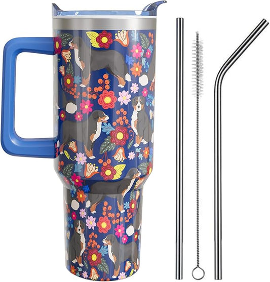 Bernese Mountain Dog Gifts for Women Lovers 40 oz Floral Bernese Mountain Tumblers with Handle and Straw, Stainless Steel Vacuum Insulated Travel Coffee Mug Cup Water Bottle