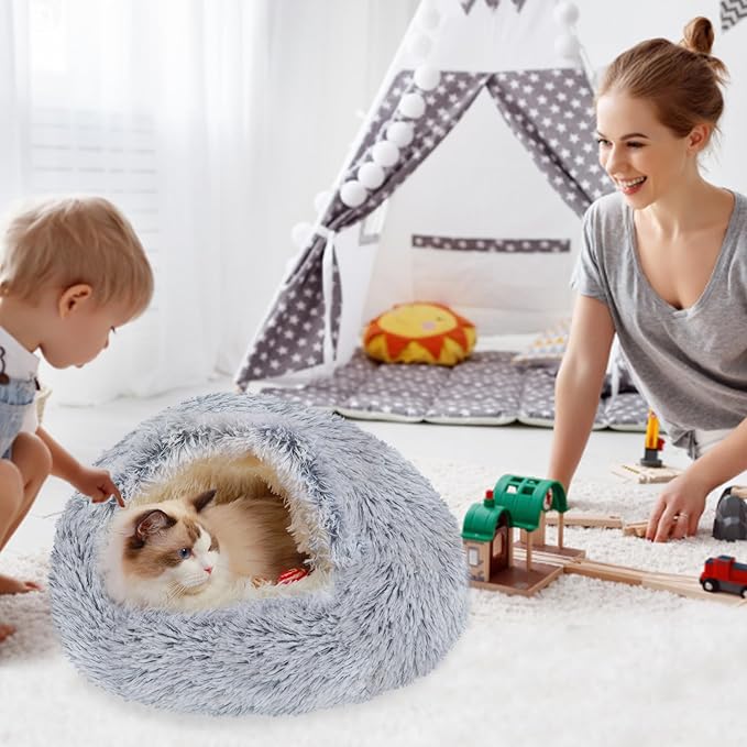 Deblue Soft Cat Beds for Indoor Cats, Round Fluffy Warm Cat Beds with Hooded Cover, Washable Calming Cozy Plush Pet Bed for Anxiety Cats and Puppies - Dia 20"