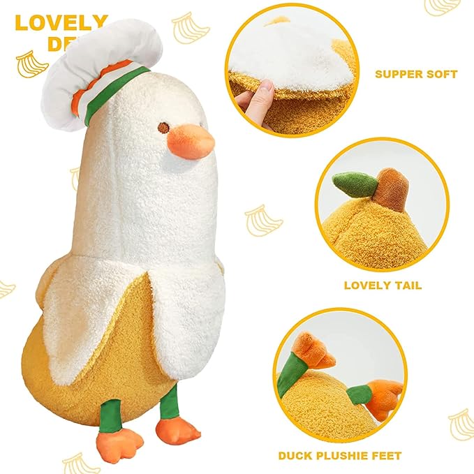 PEACH CAT Cute Banana Duck Stuffed Animal Long Banana Chef Duck Plush Pillow for Girls and Boys White 12"