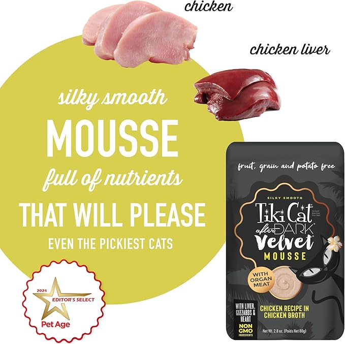 Tiki Cat After Dark, Velvet Mousse, Chicken Recipe in Chicken Broth, Grain & Potato Free Formula, with High Protein & Nutrient Dense Blended Irresistible Organ Meat, 2.8 oz. Pouch (Pack of 12)