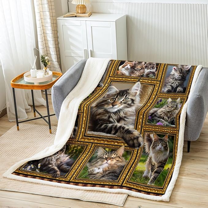 Feelyou Maine Coon Fleece Throw Blanket for Bed Sofa Couch Cute Cat Plush Blanket 40"x50" Kawaii Kitten Pet Sherpa Blanket Gift for Maine Coon Lover Fuzzy Blanket Flannal Blanket