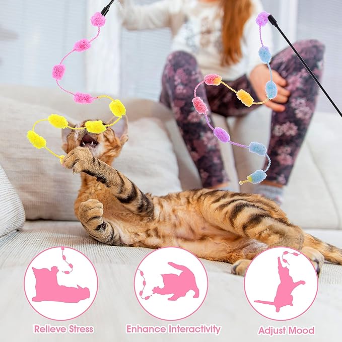 cobee Cat String Toys, 3 Pack Interactive Cat Teaser Wand String Toys Colorful Ribbon with Furry Plush Balls for Kittens Stick Cat Toys for Indoor, Cats to Play Chase Exercise