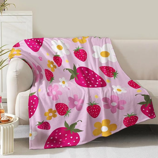 Strawberry Blanket Gifts for Women Girls Mom Bestie Birthday Christmas Valentines Presents Pink Floral Strawberrys Fruit Theme Decor Sofa Couch Soft Cozy Plush Kids Adults Teen Flannel Throw 60"x50"