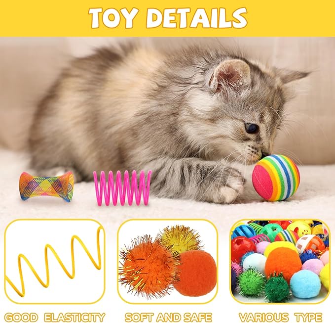 Kitten Toys, 60PCS Cat Balls Springs Toy Set, Sparkle Ball, Cat Mouse Toy, Cat Crinkle Balls, Cat Springs, Cat Ball Toy, Furry Cat Toys Balls Soft Pom Pom Balls