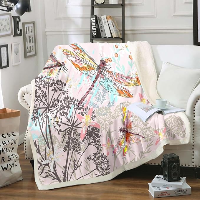 Feelyou Dragonfly Sherpa Blanket Queen 90x90 Inches Botanical Floral Fleece Throw Blanket for Kids Girls Teens Women Bedroom Decor Nature Animals Branches for Sofa Bed Couch Pink