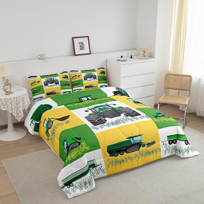 Boys Cartoon Truck Car Down Comforter King Size Kids Construction Vehicles Tractor Comforter Set for Kids Children Farm Excavator Bedding Set Construction Site Cars Duvet Set, Green Yellow