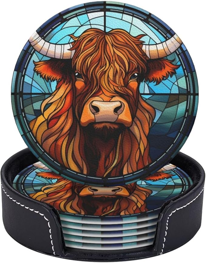 Highland Cow Drink Coaster Set of 6, Highland Cow Decor Gifts, Leather Drink Coasters with Holder, 6 Pack Cup/Bar/Drink Coasters for Table/Drinks/Coffee Protection Housewarming Gift