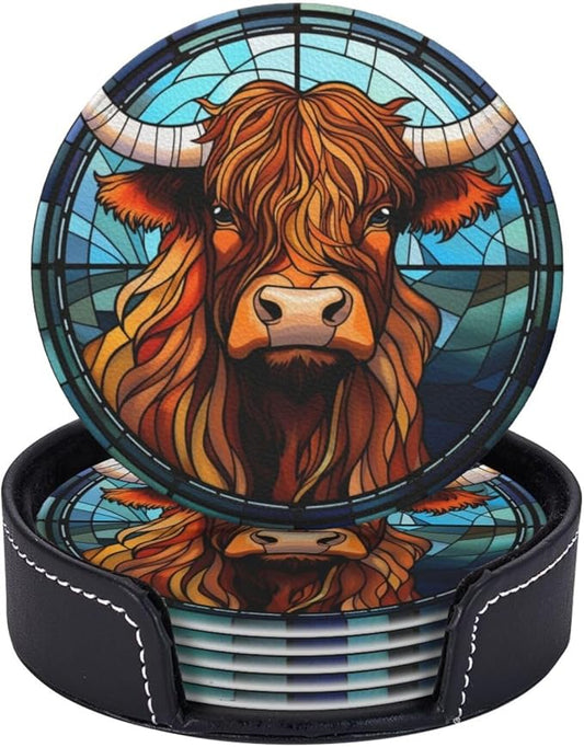 Highland Cow Drink Coaster Set of 6, Highland Cow Decor Gifts, Leather Drink Coasters with Holder, 6 Pack Cup/Bar/Drink Coasters for Table/Drinks/Coffee Protection Housewarming Gift