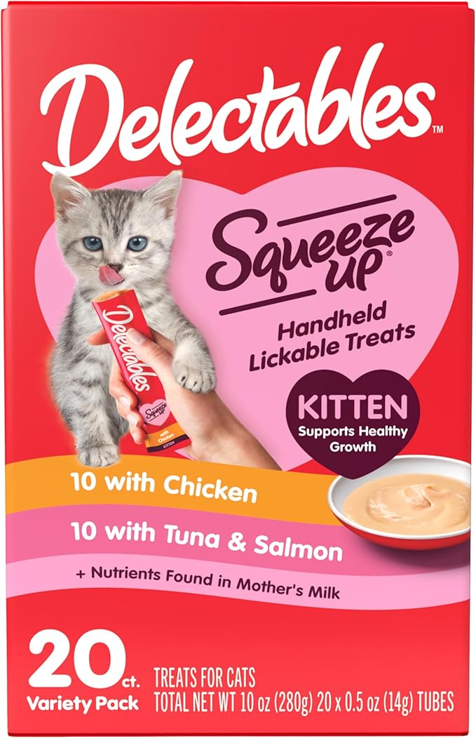 Delectables Squeeze Up Kitten Variety Pack, Creamy Squeezable Puree, Lickable Wet Cat Treats, Grain Free, No Added Fillers, No by-Products, No Added Preservatives, 0.5 Ounces Tube, 20 Tubes Total