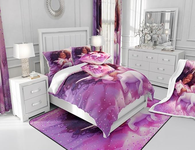 Black Cartoon Girl Comforter Set Full Size,Cute Unicorn Castle Princess Bedding Set,Girls Women Room Decor,Girls African Glitter Sequins Down Comforter,Purple Romantic Duvet Insert,2 Pillowcases