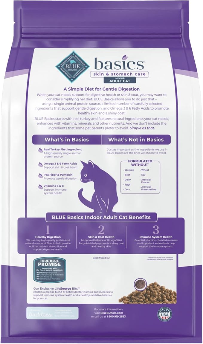 Blue Buffalo Basics Grain-Free Dry Cat Food, Skin & Stomach Care, Limited Ingredient Diet for Indoor Cats, Turkey & Potato Recipe, 5-lb. Bag