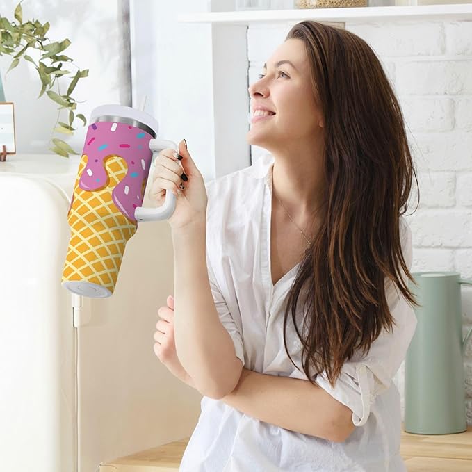 Boccsty Waffle Ice Cream Cone Pink Insulated Tumblers Reusable Stainless Steel Tumbler 30 oz Cup Coffee Travel Mug Water Bottle with Handle & Flip Straw for Home Office Car