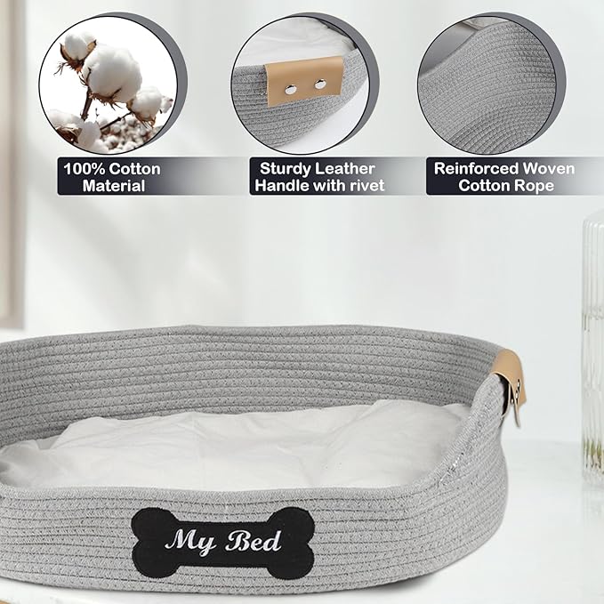 Cat Beds for Indoor Cats,21.6''X15.7''Cotton Rope Puppy Bed,Woven Rope Kitty Nest Cat Nap Bed with Soft Cushion,Handwoven Dog Cat Bed Basket -Scratch Resistant