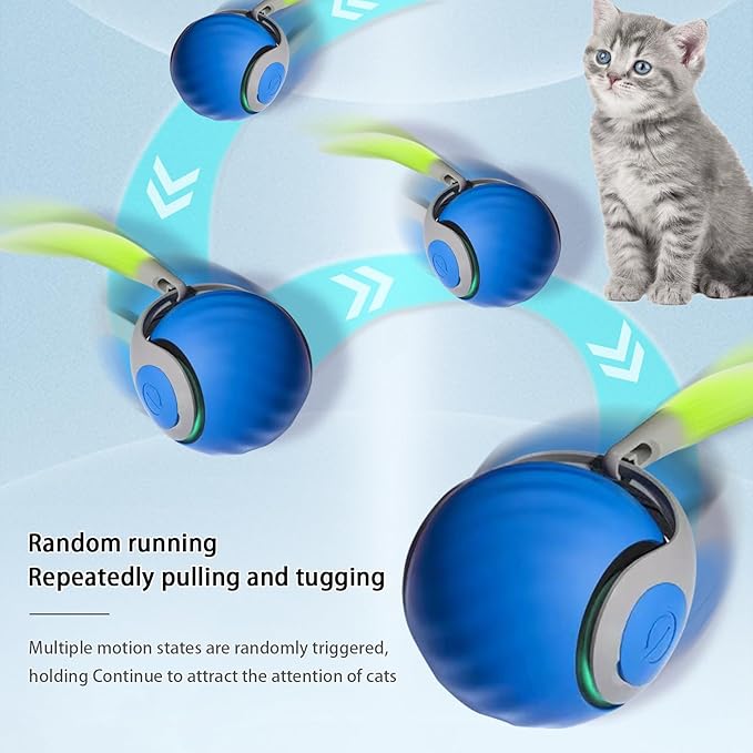 Interactive Cat Toy Ball, Automatic Moving Cat Ball Toy with Feather Tail, Indoor Smart Cat Toys, Motorised Cat Toys for Chasing & Hunting