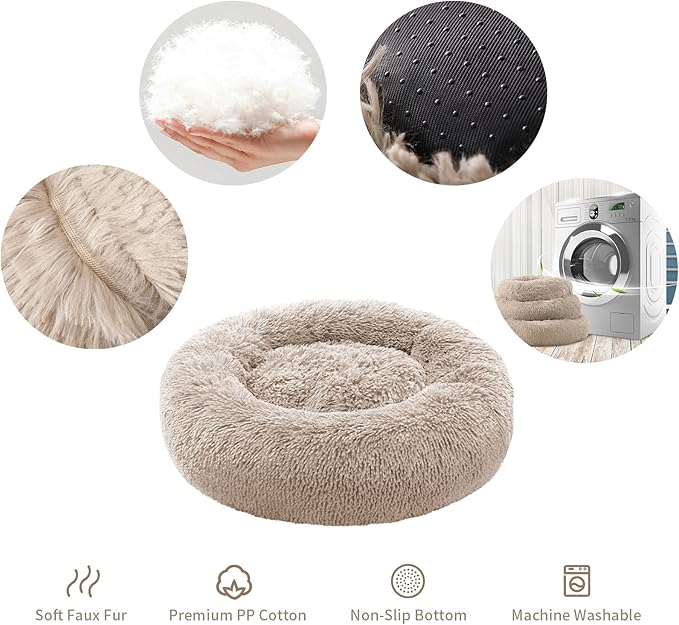 Small Cat Bed for Indoor Cats, Self-Warming Donut Kitty Bed for Small Cats Keeping Warm, Washable Pet Bed with Anti Slip Base, Khaki 23‘’
