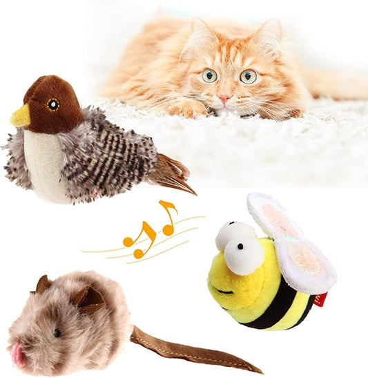 Gigwi Interactive Cat Toy Set, Squeaky Cat Feather Toys for Indoor Cats, 3PCS Cat Plush Toy Pack Including Mouse Hunt Cat Toy, Cat Chase Bird Toy, Cat Chirping Bee Toy