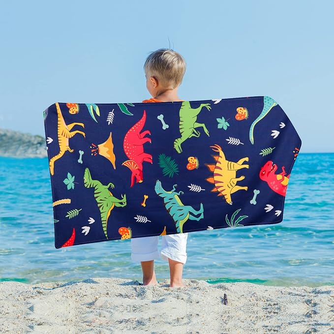 LIVILAN Small Dinosaur Beach Towel for Kids, Soft Microfiber 24" X 48", Quick Dry, Sand Free, Perfect for Boys Bath, Pool, Travel, Durable Toddler Towel, Ideal Dinosaur Gift