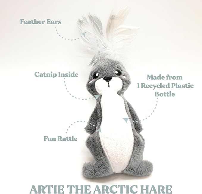 Stuffed Animal Cat Toy | Arctic Collection | Feather Arctic Hare Toy for Indoor Cats | Cute Interactive Plush Toys for Swatting & Playing | Made of Eco-Friendly & Recycled Materials - Go Green