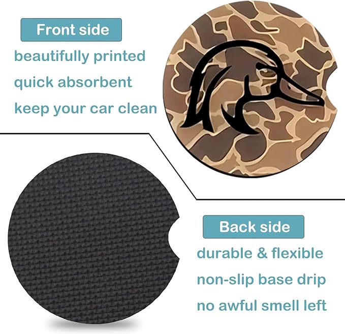 Car Coasters for Cup Holders,2 Pack Brown Camo Wood Duck Car Coasters,2.75" Universal Size Anti Slip Rubber Mat,Automotive Cup Holder Decal Decor Accessories,Gifts for Duck Lovers Women,Men,Mom