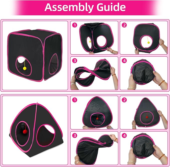 Cat Tunnels for Indoor Cats, Cat Tent, Cat Cube and Feather Cat Toy Collapsible Combo, with Interactive Cat Toy Ball, Cat Toy Set for Indoor Cat, Ferret, Guinea Pig, Rabbit, Bunny, Pink