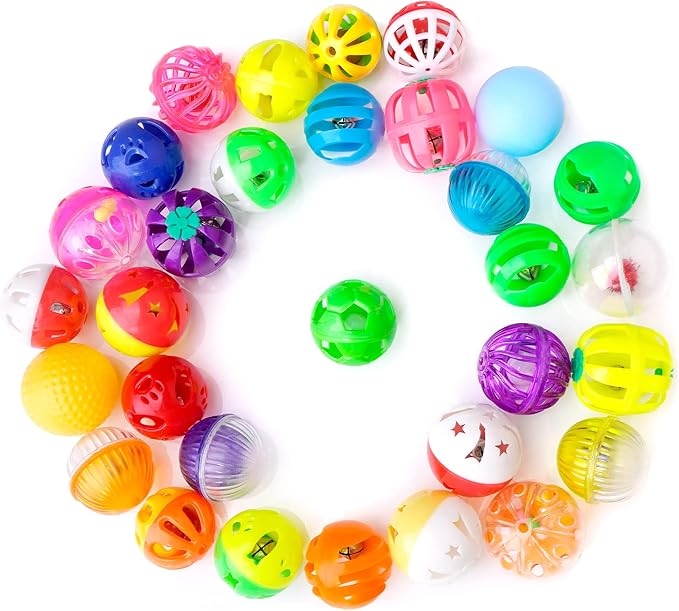 CHIWAVA 36 Pack Plastic Noisy Cat Toy Balls with Bell Kitten Chases Toy 8 Type Assorted Color Size