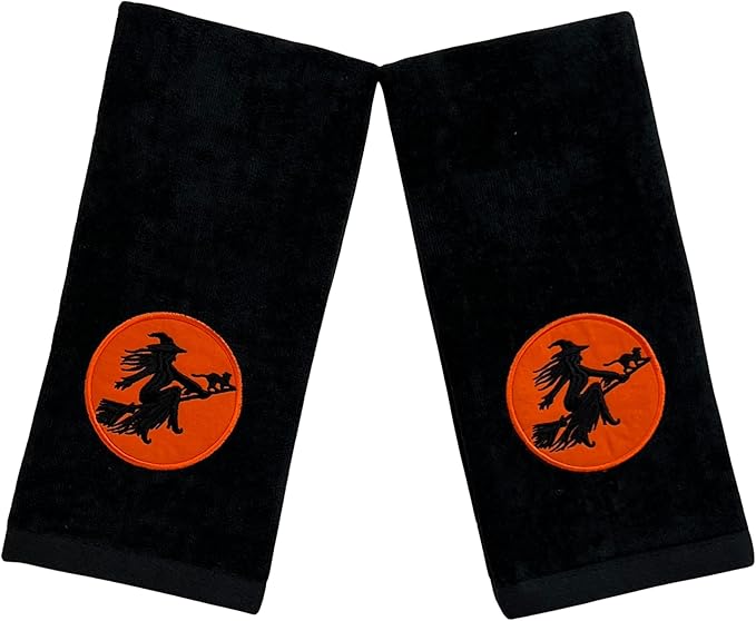 Serafina Home Halloween Bath Hand Towels, Embroidered Witch Flying by Full Moon, 2 pcs, Black 16" x 25" for Kids and Guest bathrooms
