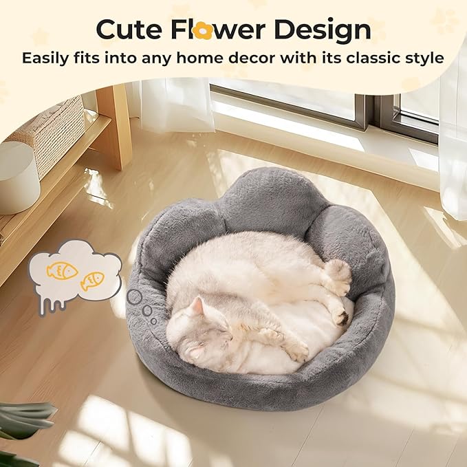 MEWOOFUN Cat Bed Kitten Bed, Washable Cat Bed for Indoor Cats Cute Cat Couch, Fluffy Flower Cat Sofa Bed, Pet Bed with Non-Slip Bottom, Small Dog Bed for Puppy and Kitten(Grey, 23")