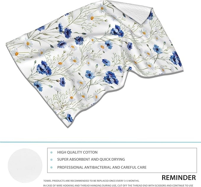White Daisy Flowers Hand Towels Set of 2,Blue Cornflower Fingertip Towel Polyester Cotton Soft Bath Hand Towels for Bathroom Kitchen Hotel Spa Hand Towels 14"X28"