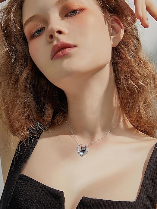 Black Cat/Dragon/Fox/Wolf Necklace 925 Sterling Silver Celtic Moon Pentagram Pendant Gothic Jewelry Goth Halloween Gifts for Women