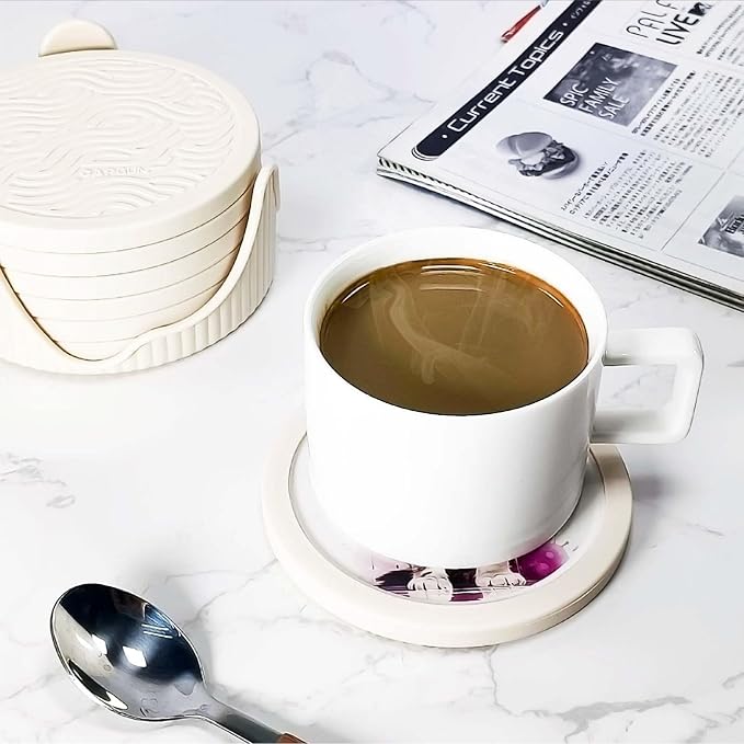 6 Pack Cute Cat Pattern Coasters with Deep Tray Holder, Double Sided Drink Coasters, Beverage Mats for Hot or Cold Drinks, Non-Slip, Non-Stick Silicone with Ceramic Insert Pet Patterned Coaster