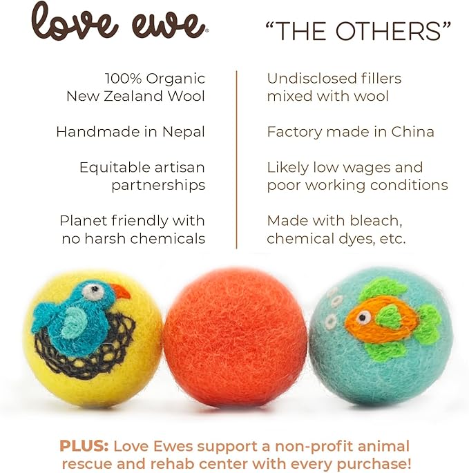 Hustle & Blush Wool Felt Balls 3 Pack Love Ewe Pet Supplies - 2in Felted Wool Cat Toys 100% New Zealand Wool Felt Cat Toys Handmade Wool Felt Balls, Colorful Wool Balls for Cats - Fish and Bird