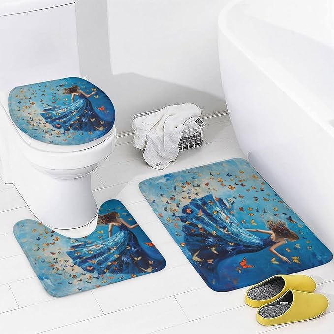 Brebasf Rustic Aesthetic Anime Girl Shower Curtain Set Bathroom Set Decorative Vintage Rustic Oil Painting Summer Beach Fantasy Colorful Butterfly 4 Piece