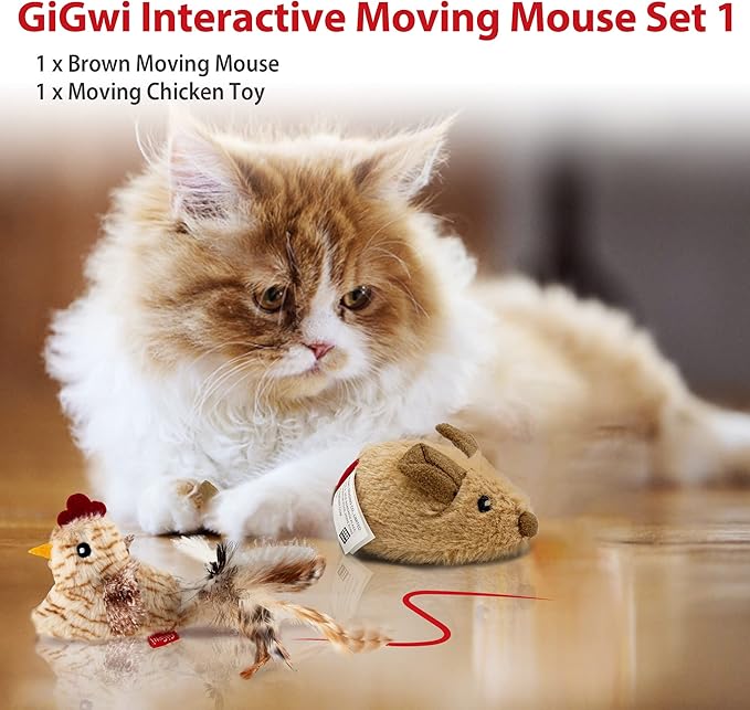 Gigwi Interactive Cat Toys Pack, Automatic Moving Mouse Electronic Cat Toys for Indoor Cats, Mouse Hunt Cat Toy for Kitten, 2 Pack (Brown Mouse & Chicken)
