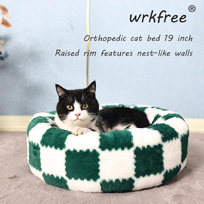 Cat Beds for Indoor Cats Washable Self Warming Soft Round Cat Bed for Anxiety Orthopedic Green Pattern Mordern 20 Inch