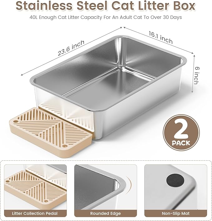 2 Pack 23.6"x16"x 6" Extra Large Stainless Steel Litter Box, XL Cat Litter Box with High Sides for Big Cat & Multiple Cats, Metal Cat Litter Pan Tray, Easy to Clean, Non-Stick, Rust Proof