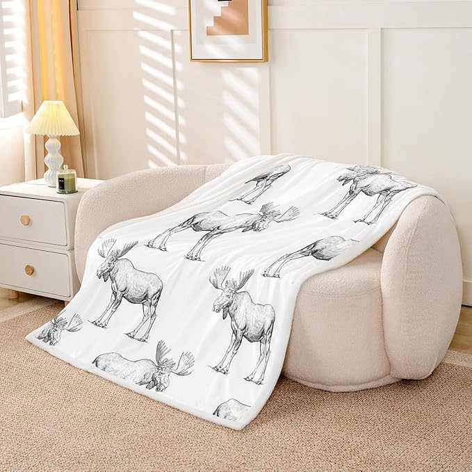 Feelyou Moose Fleece Sherpa Blanket - Wild Animal Theme for Chair, Sofa, Couch - Cartoon Plush Throw - Breathable Gray Wildlife Style Fuzzy Room Decor - Queen 90"x90"