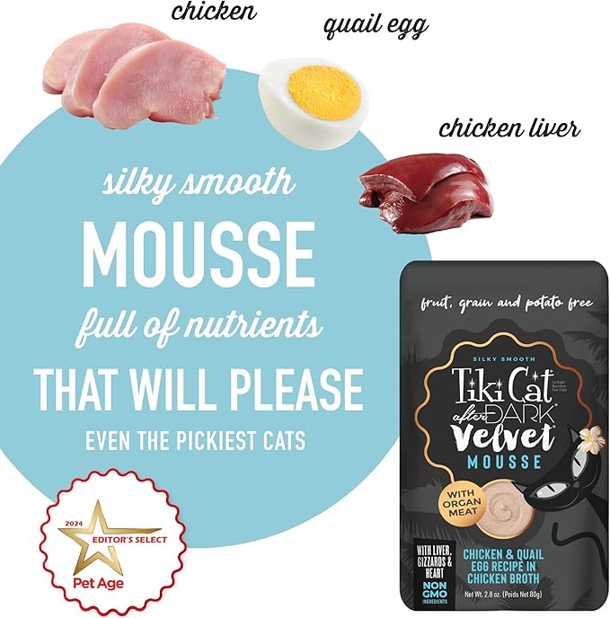 Tiki Cat After Dark, Velvet Mousse, Chicken & Quail Egg Recipe in Chicken Broth, Grain & Potato Free Formula, with High Protein & Nutrient Dense Blended Organ Meat, 2.8 oz. Pouch (Pack of 12)