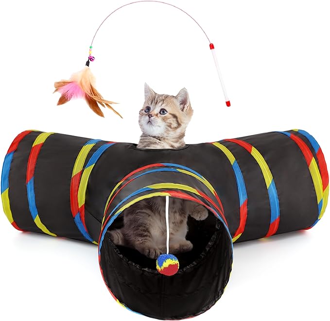 Tempcore Pet Cat Tunnel Tube Cat Toys 3 Way Collapsible, Cat Tunnels for Indoor Cats，Kitty Tunnel Bored Cat Pet Toys Peek Hole Toy Ball Cat, Puppy, Kitty, Kitten, Rabbit Black & Rainbow