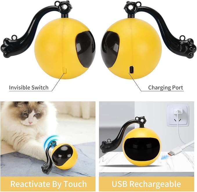 Interactive Cat Toy Ball,Simulated Hunting Remote Control Cat Toy,Electric Cat Automatic Ball Fast Rolling in Pouch, Motion Activate Chirping Hide and Seek Cat Toy (Yellow Ball)