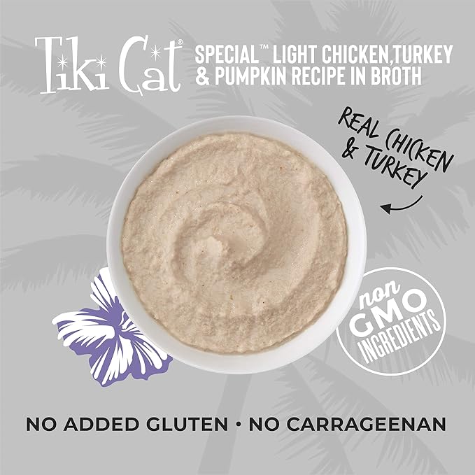 Tiki Cat Special Light Mousse, Chicken, Turkey & Pumpkin, Formulated to Support Healthy Trim and Fit, Functional Wet Cat for Adult Cats, 2.4 oz. Pouch (Pack of 12)