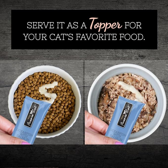 Fussie Cat Ocean Fish and Salmon Puree, lickable cat Treats, 0.5oz Pouch Pack of 4