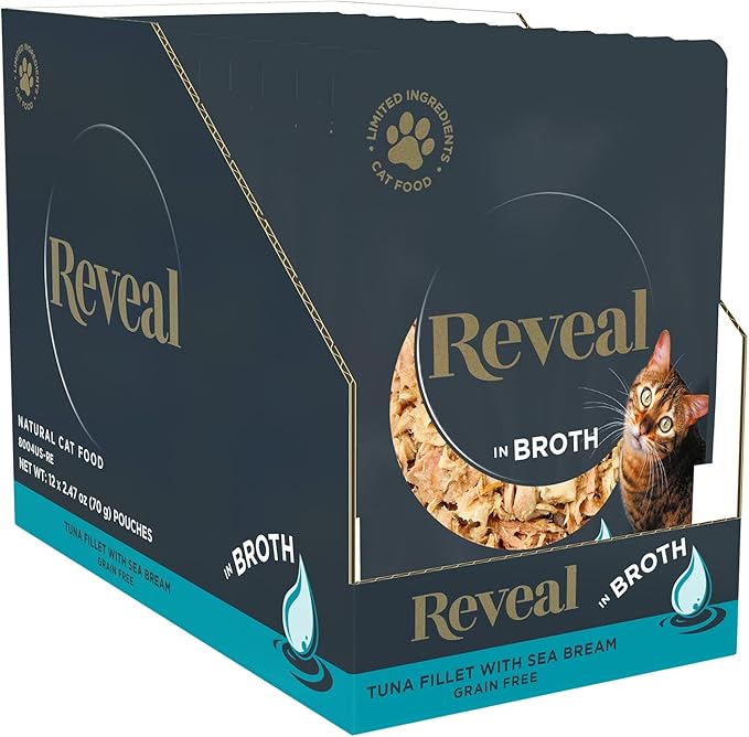 Reveal Natural Wet Cat Food, 12 Count, Grain Free, Limited Ingredient Cat Food Pouches, Tuna with Sea Bream in Broth, 2.47 oz Pouches