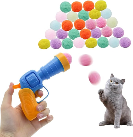 Andiker Cat Toy Balls Set, 30pcs Plush Cat Pom Pom Balls & a Plastic Cat Fetch Toy Launcher Set for Cat Catch and Fetch Interactive Cat Toy with Colorful Cat Balls for Indoor Cat (30 balls+1 launcher)