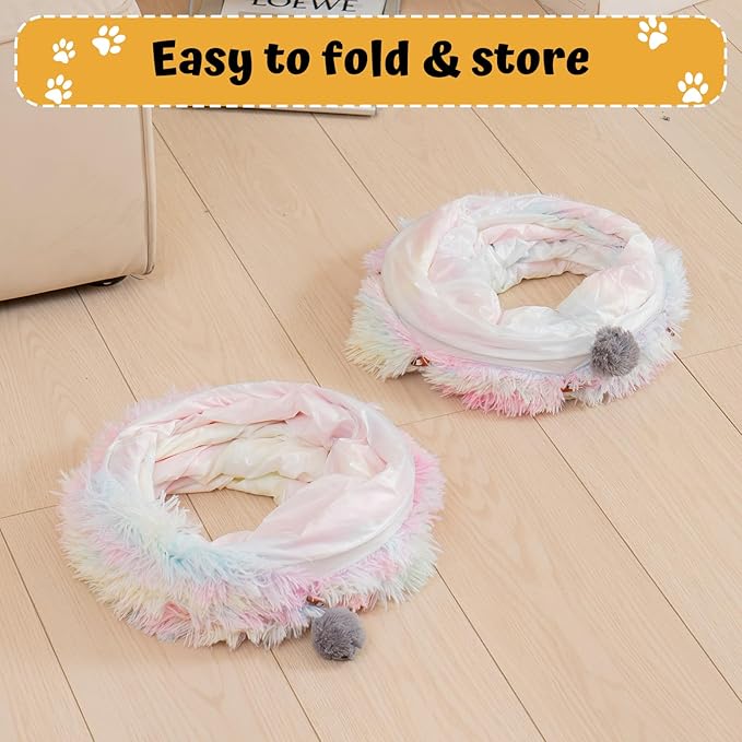 Avont Cat Tunnel Bed with Central Washable Cushion - Large Cat Tunnel Tube Toys 3 Shape to Play for Indoor Cats Kittens Puppies Ferret, Round Plush Fluffy Cat Bed with Tunnels -Rainbow