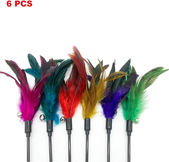 Cat Wand Toy Feather Stick Cat Toys, 6 PCS Cat Feathers Wand Toy, Interactive Cat Toy Feather Wand for Indoor Cats