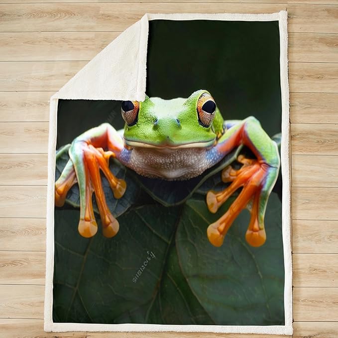 Frog Fleece Throw Blanket Javan Tree Frog Plush Blanket for Sofa Couch Bed Flying Frog Sherpa Blanket 3D Wild Animal Pattern Fuzzy Blanket Green Room Decor Queen 90x90 Inch