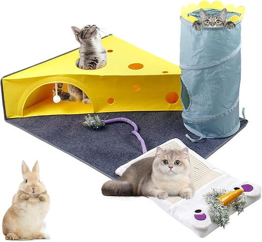 Cat Tunnel Bed for Indoor Cats Peekaboo, Warm 2-in-1 Cheese Shape Design with Ball Toy Large Cat Felt Mat, Scratch Resistant Cat Activity Play Mats for Multiple Cats, Dogs Up to 10lb [Yellow]